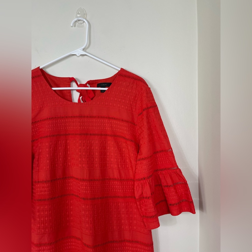 J.Crew Women's Orange Red Chic Eyelet Shift Dress Flutter Ruffle Sleeves Sz 12 - Picture 4 of 10